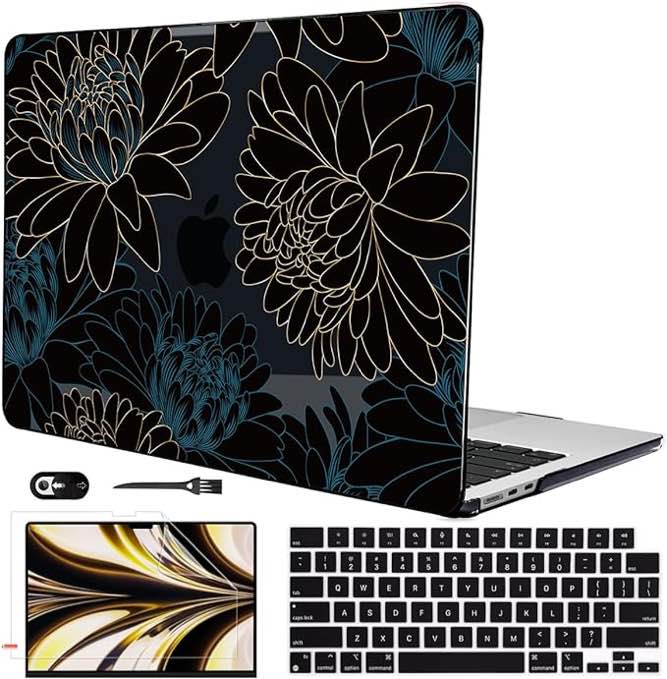 LCMOCICO for New MacBook Air 13.6 inch Case 2022 2023 A2681 M2 Chip Liquid Retina Display Touch ID, Crystal Black Pattern Plastic Hard Shell Case Screen Protector Keyboard Cover, Gold Black Flower