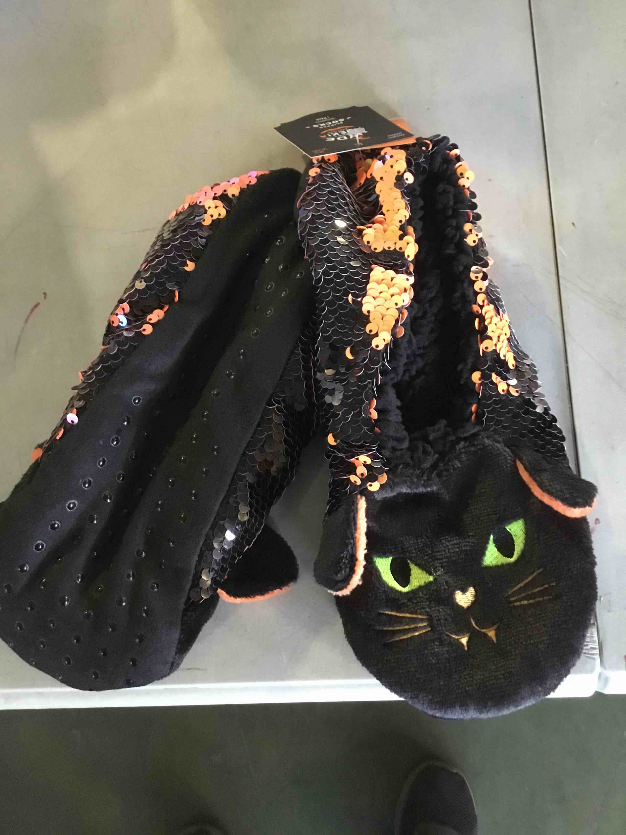 Women's Black Cat Flip Sequin PullOn Slipper Socks with Grippers