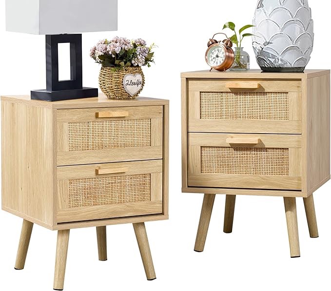 Finnhomy Nightstand, End Table, Side Table with 2 Hand Made Rattan Decorated Drawers, Nightstands Set of 2, Wood Accent Table with Storage for Bedroom, Natural, 2 Pack
