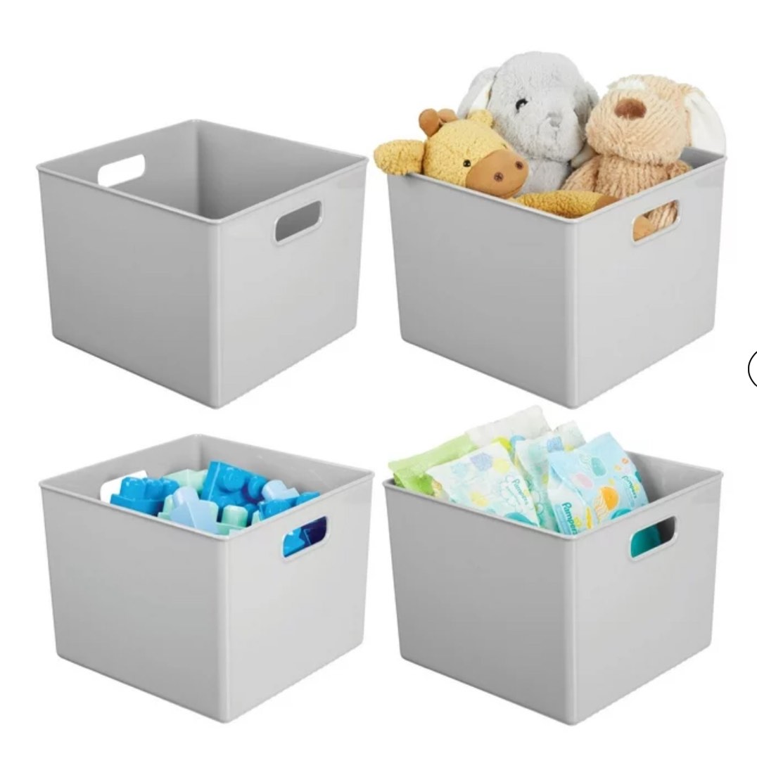 mDesign Plastic Deep Home Storage Organizer Basket Bin, Handles, 4 Pack, Gray
