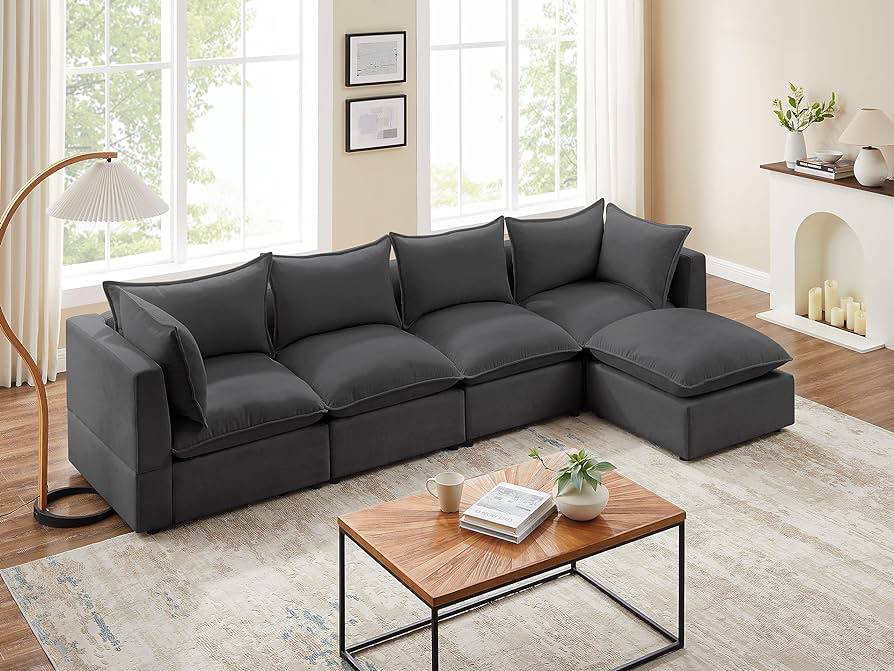 (Incomplete, Only 1 Box) VANOMi Modular Sectional Sofa, Convertible L Shaped Couch with Chaise, 5 Seater Sofa with Reversible Chaise (Dark Gray, L Shape)