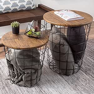 Lavish Home 80-ENDTBL-2 (Set of 2) Nesting End Storage Convertible Round Metal Basket Wood Veneer Top Accent Side Tables, Dark Brown