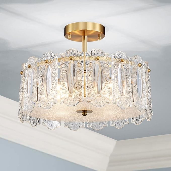 AGV LIGHTING CL038 Crystal Ceiling Light Fixture, Modern Semi Flush Ceiling Light, D12 x H8, E12 Base 4-Lights, Copper Finish
