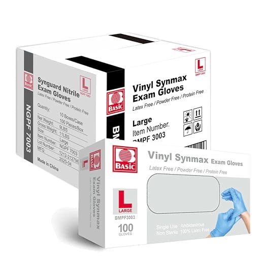 Basic Medical Synmax Vinyl Exam Gloves - Latex-Free & Powder-Free - Large, BMPF-3003(Case of 1,000) Blue
