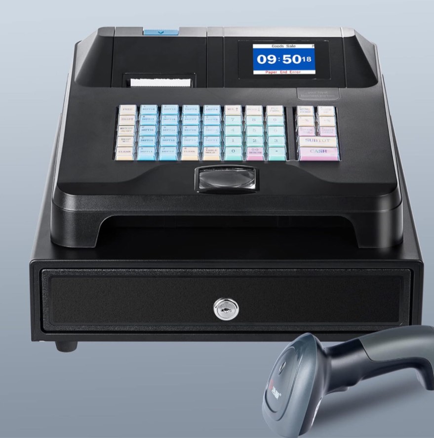 Cash Register with Cash Drawer, Hysoon Cash Register for Small Businesses with 2.8 Inch TFT LCD Display, 48 Keys Electronic Cash Registers with Barcode Scanner and Auto Print Receipt (Black) HS71-60