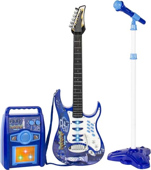 iMeshbean Electric Toy Guitar Kit Set Toy for Kids Girls Boys with Microphone, Wired Amp, AUX. (Blue)
