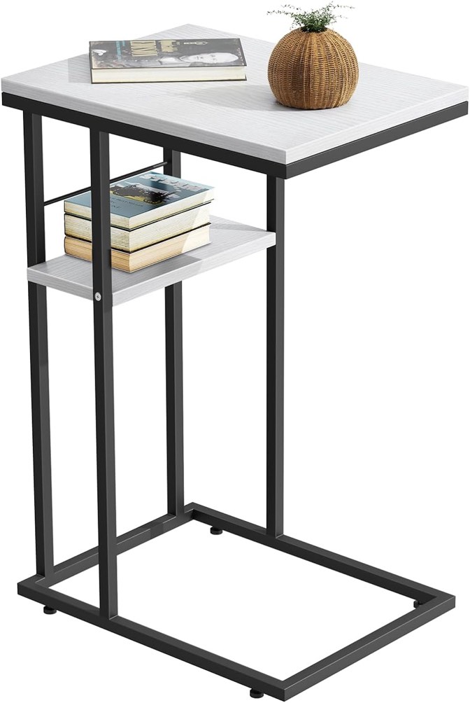 QZIXB C Shaped End Table, Side Table for Sofa Couch and Bed, Small Side Table with Metal Frame for Small Spaces, Living Room, Bedroom, Snack Table (White)