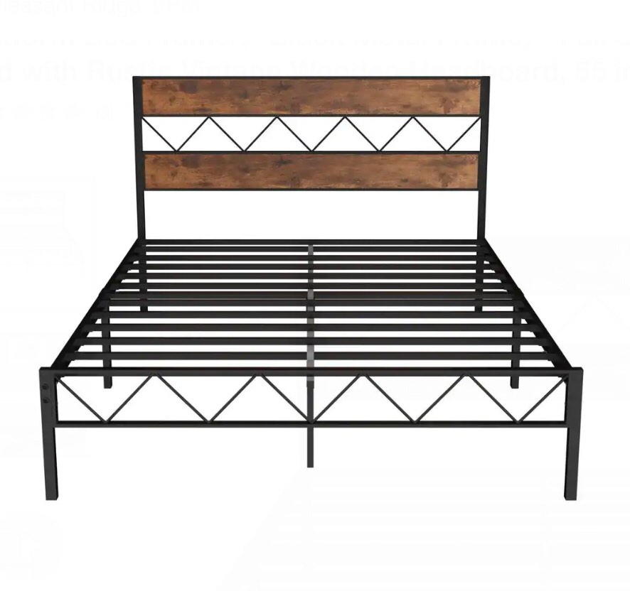 (Similar Image) Platform Bed Frame ?Black Metal Frame? Full Size Platform Bed with Rustic Vintage Wooden Headboard, 55 in. Wide