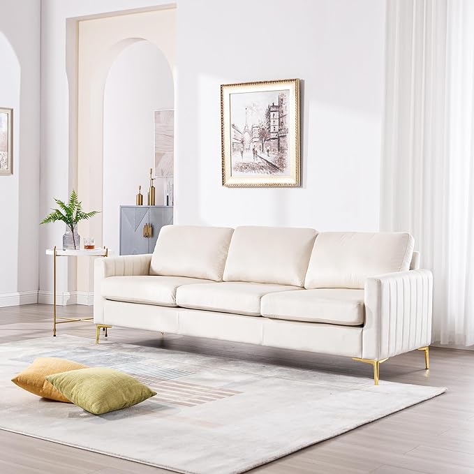 Deolme Beige Velvet Couch Living Room Furniture, 85.4 inch Comfy Velvet Tufted 3 Seater Couches Sets Sofas Love Seat for Bedroom Office juegos de muebles de sala Modern Soft Cushioned& Golden Leg
