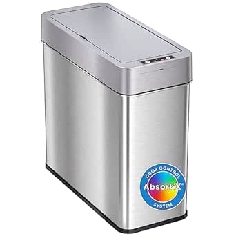 iTouchless Slim Trash Can with AbsorbX Odor Control System Lid Opens, 15 Liter Stainless Steel Automatic Wastebasket, Space-Saving Bin for Bathroom, Kitchen, Office, Hotel, 4 Gallon, Left Sensor
