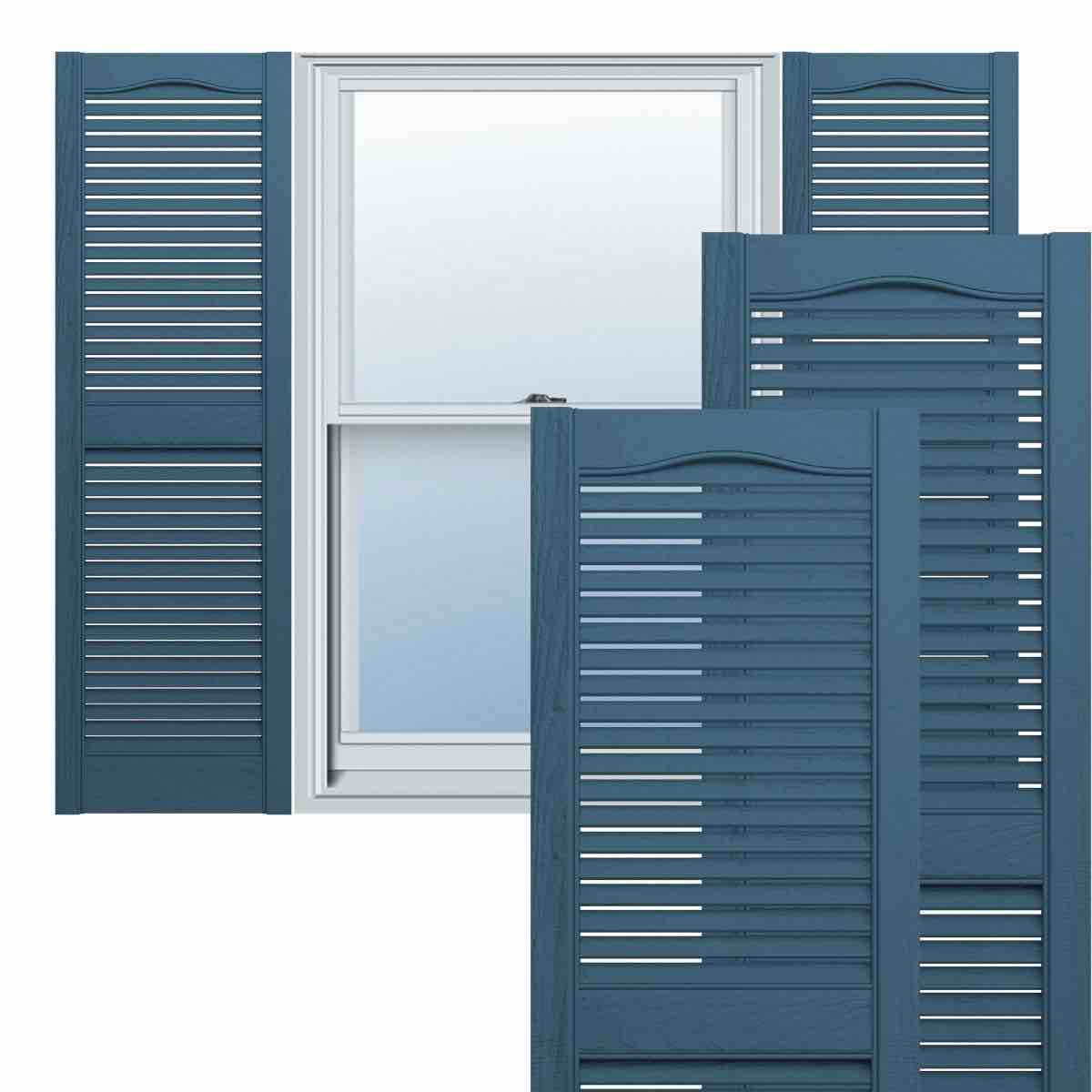 14.5 IN. W X 66 IN. H BUILDERS EDGE, TAILORMADE CATHEDRAL TOP CENTER MULLION, OPEN LOUVER SHUTTERS, 