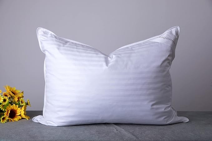 Standard Goose Down Feather Hotel Collection Bed Pillows for Sleeping One Pillow for Back, Stomach or Side Sleepers Stripe White Color