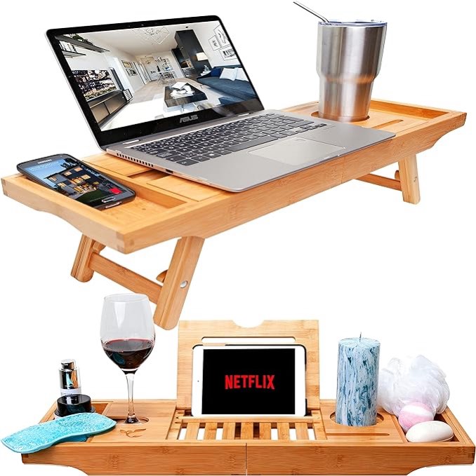 Bamboo Bathtub Tray & Bed Laptop Desk with Foldable Legs, Latest Unique Zen Design Bathtub Caddy, Bamboo Bathtub Caddy Tray with Adjustable Legs, Wine Glass & iPad Holder
