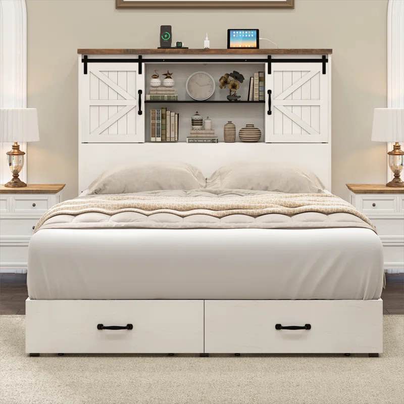 (Incomplete) Sherell Wooden Platform Bed Frame with Sliding Barn Door Bookcase Headboard