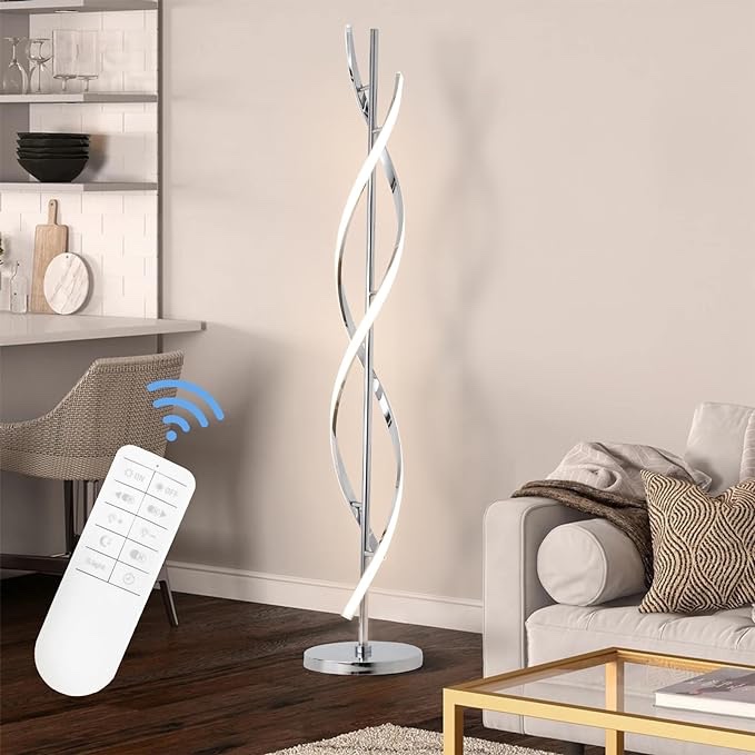 ADISUN 40W LED Modern Floor Lamp Remote Control Dimmable Spiral Floor Lamp Indoor Tall Lamp Floor Lamp for Living Rooms Family Rooms Bedrooms Offices Lighting (Silver)
