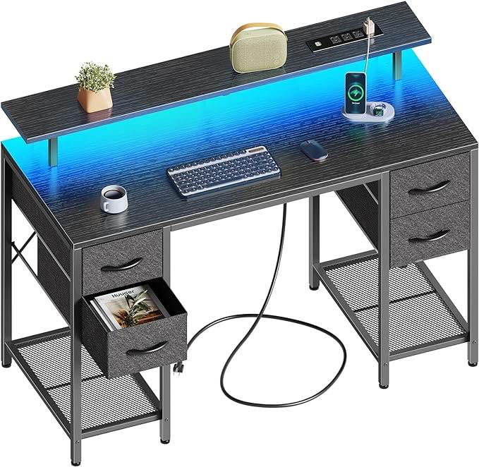 47 inch Computer Desk with 4 Drawers, Gaming Desk with LED Lights & Power Outlets, Home Office Desk with Large Storage Space for Bedroom, Work from Home, Black