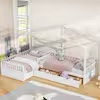 L-Shaped White Wood Frame Twin Size Double House Platform Beds with 3-Storage Drawers