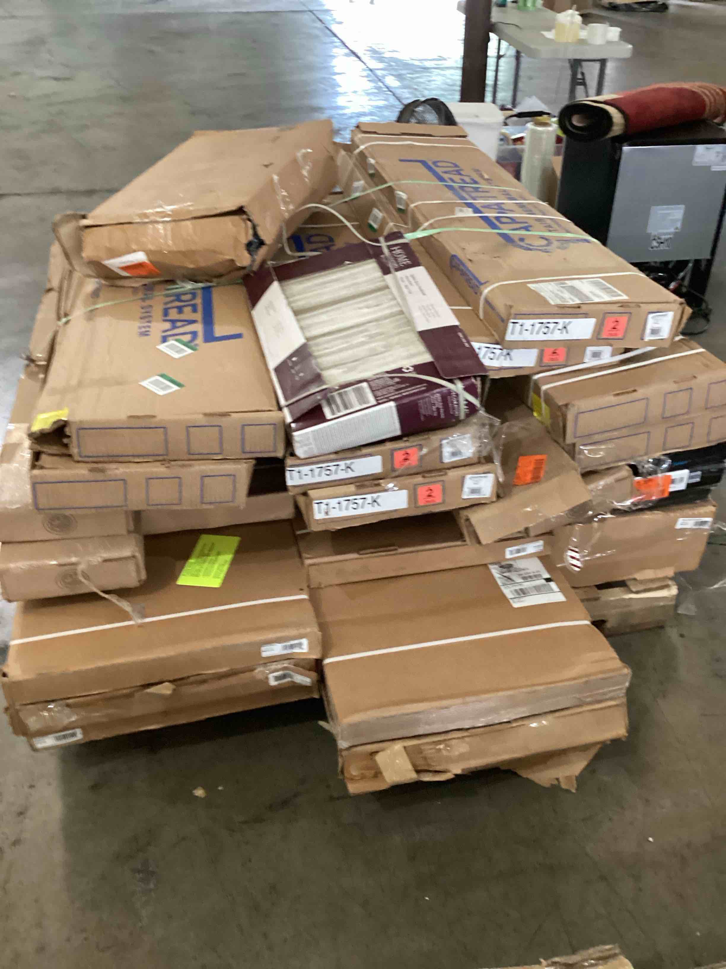 Skid of assorted Floor/Wall Tile, Cap A Thread Stair Renewal System,  Flooring Planks