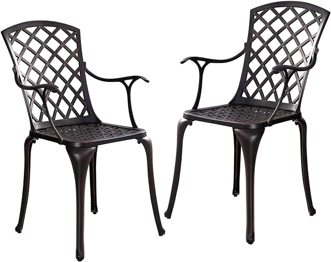 2 Piece Cast Aluminum Patio Chairs, All-Weather Bistro Chairs Set of 2, Outdoor Metal Dining Chairs with Armrests for Outside Garden, Deck, Bronze