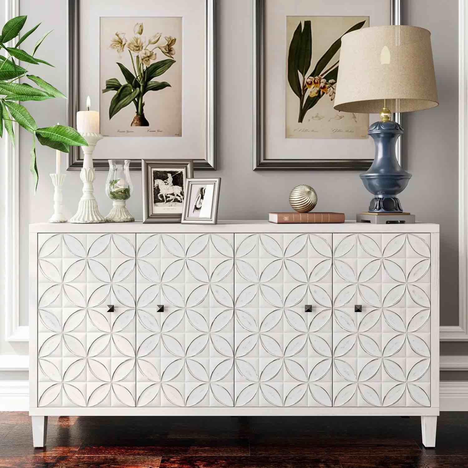 4 Door Accent Cabinet Sideboard White Wash