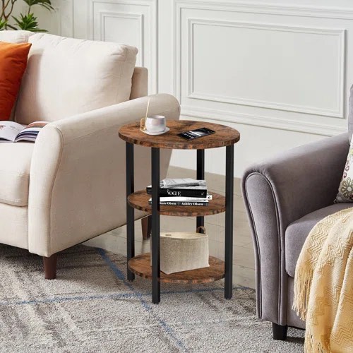 Oval End Table with 3-Tier Storage Shelves Wash Grey 