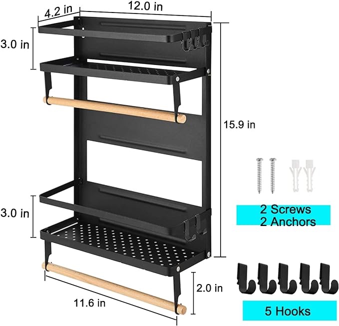 Magnetic Spice Rack, Magnetic Shelf with 2 Paper Towel Holder and 5 Hooks, Kitchen Refrigerator Storage Rack Fridge Magnet Organizer Hold up to 30LBS-Black-Large