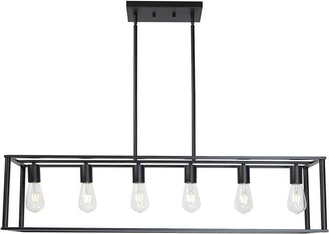 BONLICHT 6 Light Rectangle Chandelier Contemporary Farmhouse Linear Pendant Lighting Black Industrial Vintage Kitchen Island Metal Cage Ceiling Light Fixtures for Living Room Dining Room