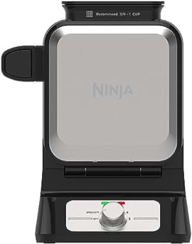 Ninja BW1001 NeverStick PRO Belgian Waffle Maker, Vertical Design, 5 Shade Settings, with Precision-Pour Cup & Chef-curated Recipe Guide, Black & Silver