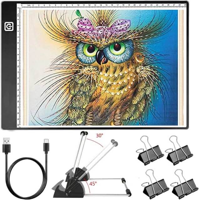 Femont Portable A3 LED Tracing Light Box with Scale,Art Light Pad Light Table with Detachable Stand&4Clips,Adjustable Brightness,USB Power,Ultra-Thin Copy Board for Diamond Painting,Drawing,Sketching A3 LED light box