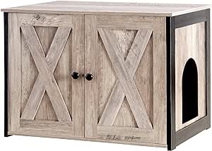 DWANTON Litter Box Enclosure, Cat Litter Box Furniture Hidden, Reversible Entrance Can Be on Left or Right Side, Wooden Cat Washroom Indoor, Fit Most of Litter Box, 27.6 x 19.7 x 19.7 Inches Greige