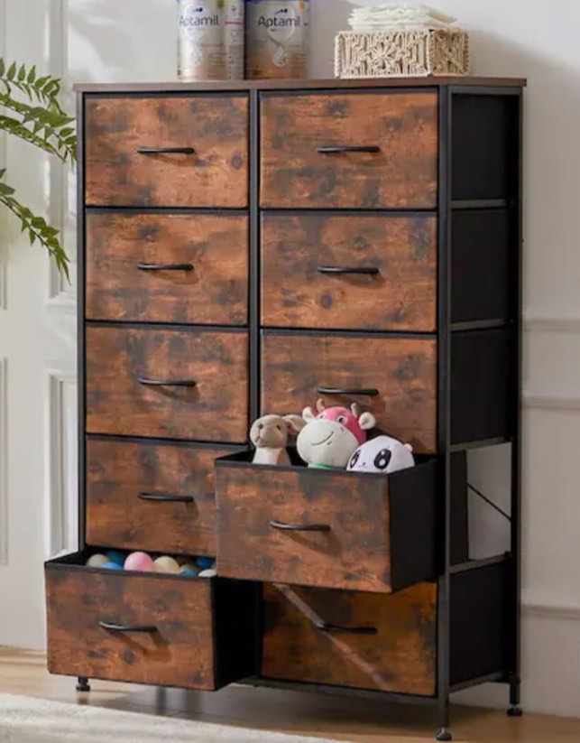 Rust 31.4 in. W 10-Drawer Dresser with Fabric Bins and Steel Frame Storage Organizer Chest of Drawers