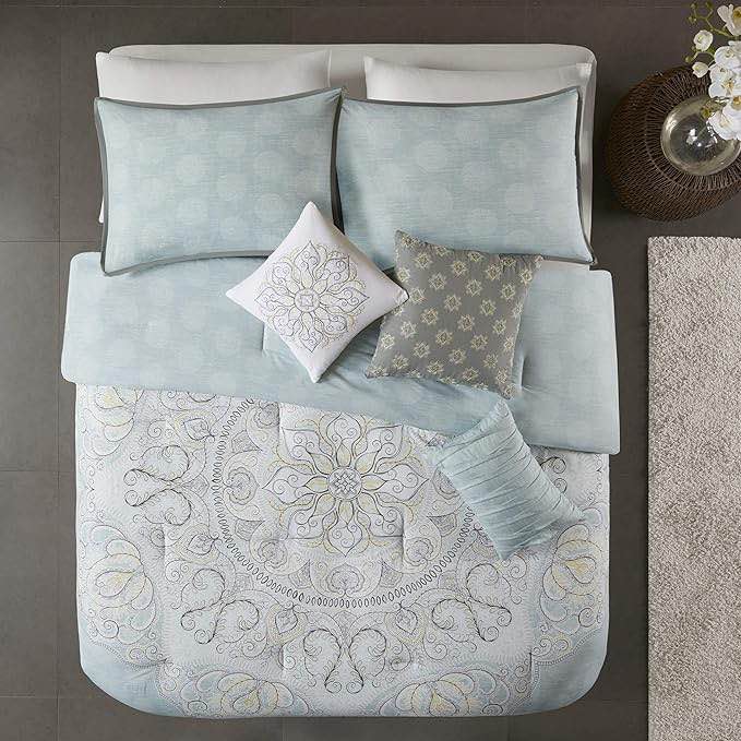 Madison Park 7 Piece Reversible Cotton Sateen Comforter Set for Bedroom, King (104 in x 92 in), Lucinda, Medallion Seafoam