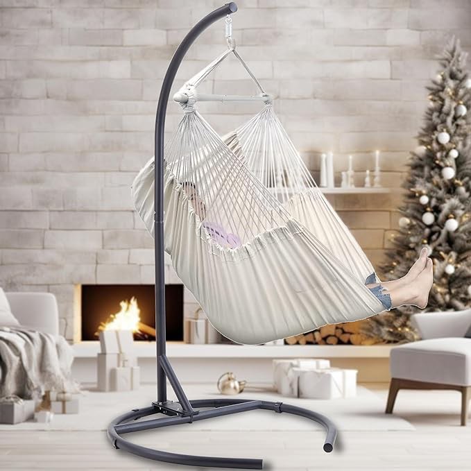 C-Type Hammock Chair Stand with Base Clips- Heavy Duty Hanging Chair Stand Only - for Porch Patio Garden, Outdoor/Indoor (Black)