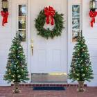 Set of 2 Christmas Trees with Lights 4-FT Artificial Urn Potted Porch Christmas Tree Battery Powered with 8 Modes and Timer for Indoor Outdoor Christmas Trees-multicolor