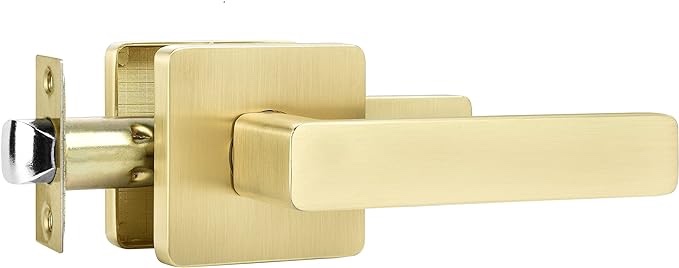 1 Pack Passage Door Handles, Satin Brass Door Knobs Interior, Hallway Closet Door Levers Keyless Gold Door Handle, Heavy Duty Reversible for Left or Right Handles