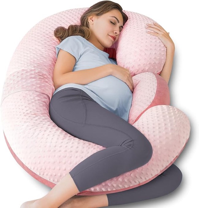 QUEEN ROSE E Shaped Pregnancy Pillows for Sleeping, Detachable Body Pillow for Pregnant Side Sleeper, Pink Bubble Velvet, 