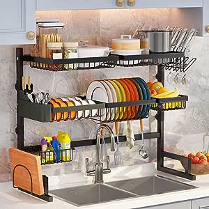 ADBIU Over Sink Dish Drying Rack (Expandable Height/Length) Snap-On Design Large Dish Drainer Stainless Steel Storage Counter Organizer 31-39.5L x 12W x 34-38H (inches) 31'' - 39.5L'' x 12W'' x 34'' - 38H''
