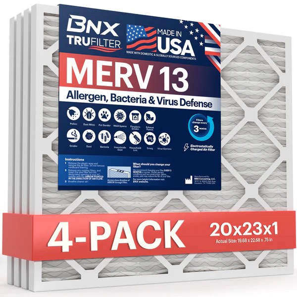 BNX TruFilter 20x23x1 Air Filter MERV 13 (4-Pack) - MADE IN USA - Electrostatic Pleated Air Conditioner HVAC AC Furnace Filters for Allergies, Pollen, Mold, Bacteria, Smoke, Allergen, MPR 1900 FPR 10 20x23x1 4-Pack