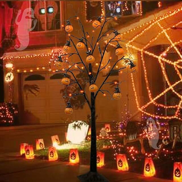 Twinkle Star 4FT Halloween Decorations Black Spooky Tree, Glittered with 48 LED Orange Lights &12 Pumpkins, 24V 3.6W Low Voltage Lighted Artificial Tree Decor for Indoor Holiday Party All Saints Day