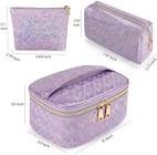 Adorezyp Set 3pcs Cosmetic Bag,Large Capacity Travel Makeup Bag, PU Leather Waterproof, Women Portable Travel Makeup Bag With Handle and Divider Flat Lay (Purple 