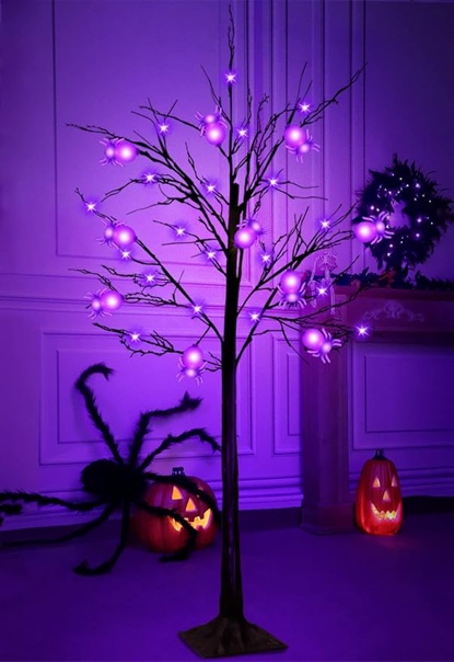 TURNMEON 3 Ft Halloween Tree Decoration, Black Spooky Tree with Timer 64 LED Purple Lights and 16 DIY 3D Spiders Lights Ornament Artificial Tree Halloween Decor Home Indoor Outdoor(Plug in/4 Stakes)