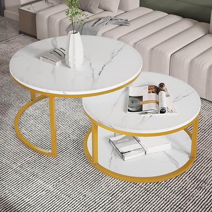 NSdirect Nesting Coffee Table Set of 2,Round Coffee Tables Modern Circle Table for Living Room Accent End Side Table with Storage Open Shelf Faux Marble Wood Top & Gold Sturdy Metal Frame,White