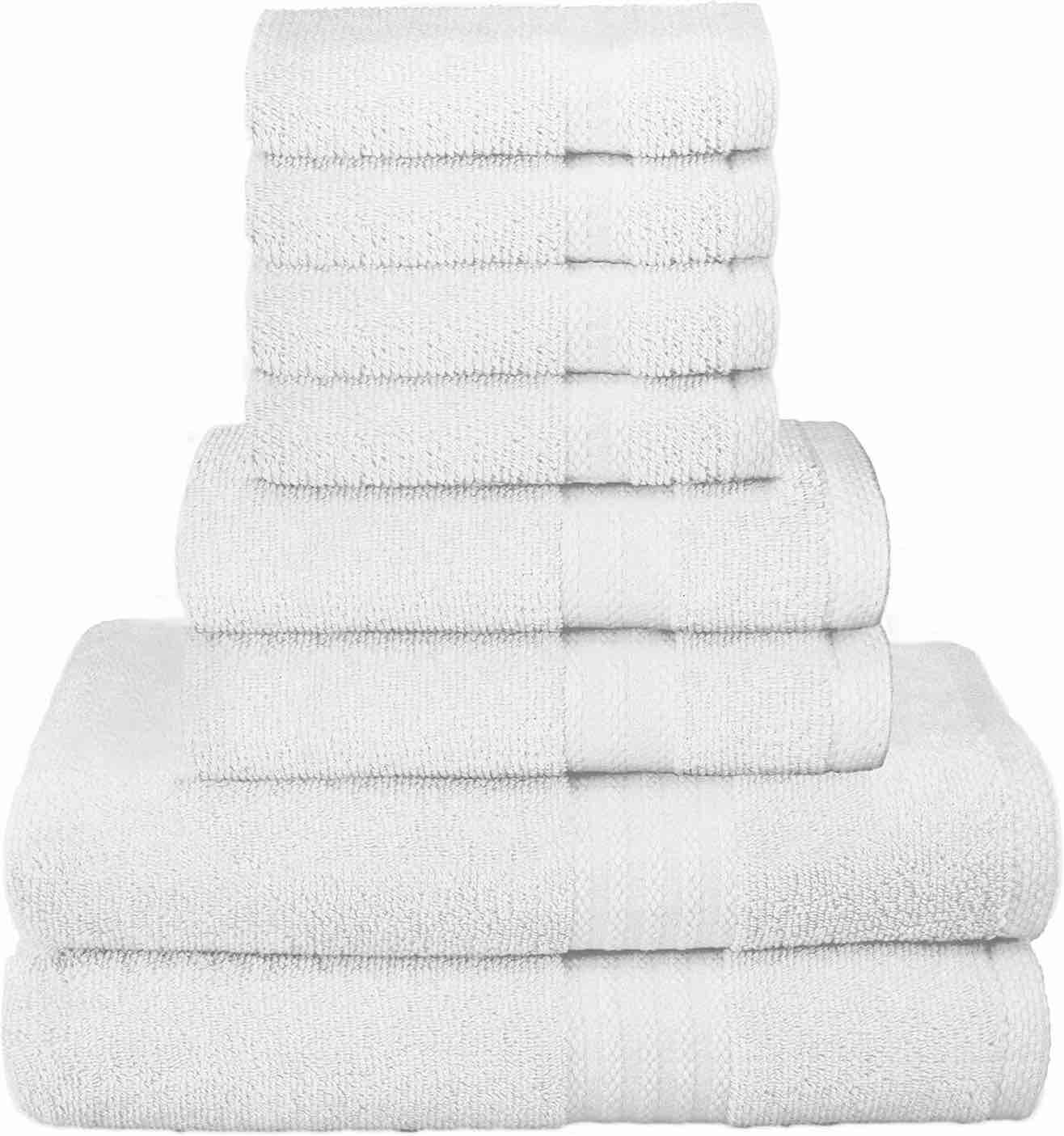 GLAMBURG Ultra Soft 8-Piece Towel Set - 100% Pure Ringspun Cotton, Contains 2 Oversized Bath Towels 27x54, 2 Hand Towels 16x28, 4 Wash Cloths 13x13 - Ideal for Everyday use, Hotel & Spa - White