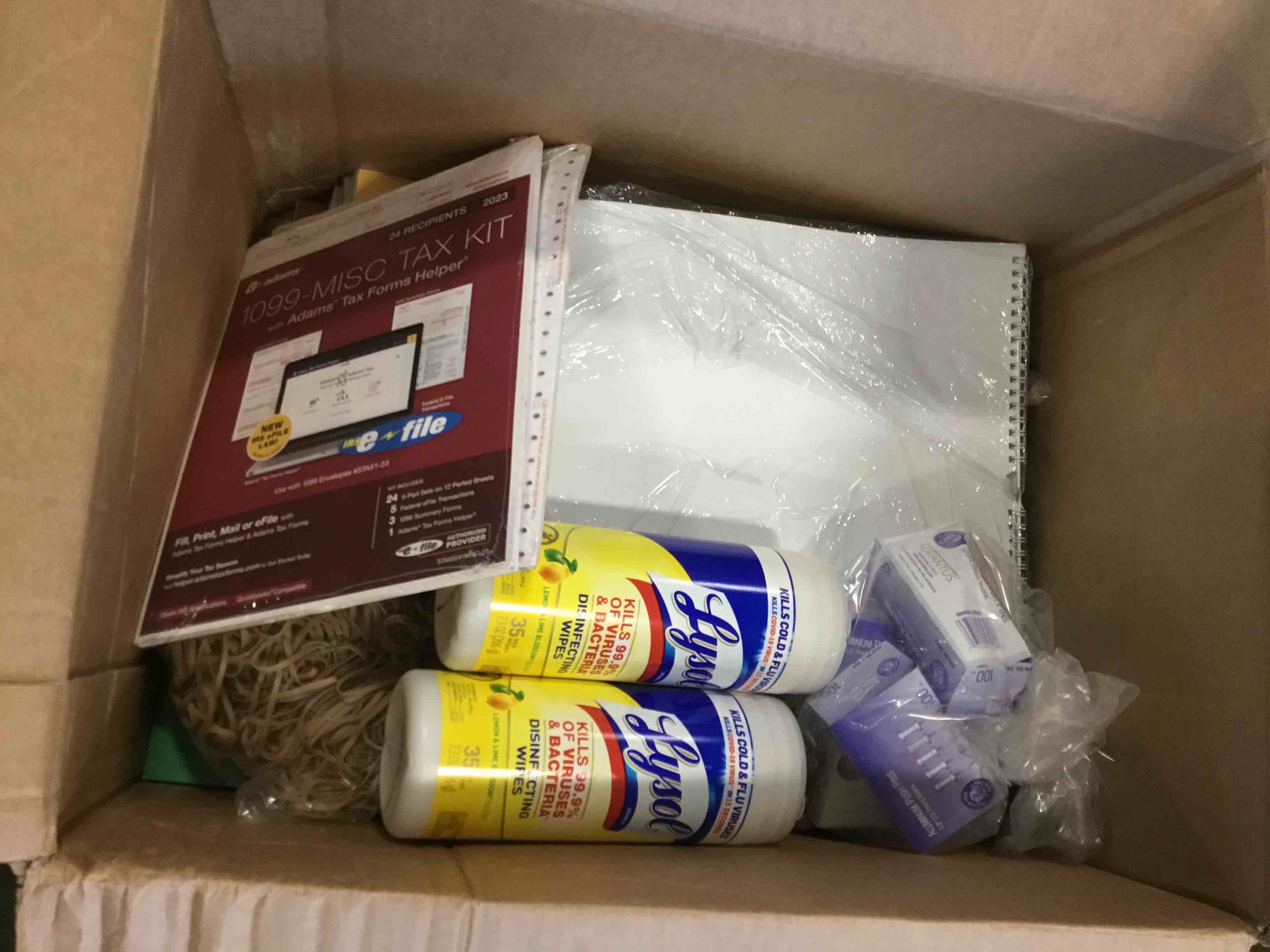 Assorted school and office supplies: lysol wipes,  aluminum push pins, scotch tapes and more 