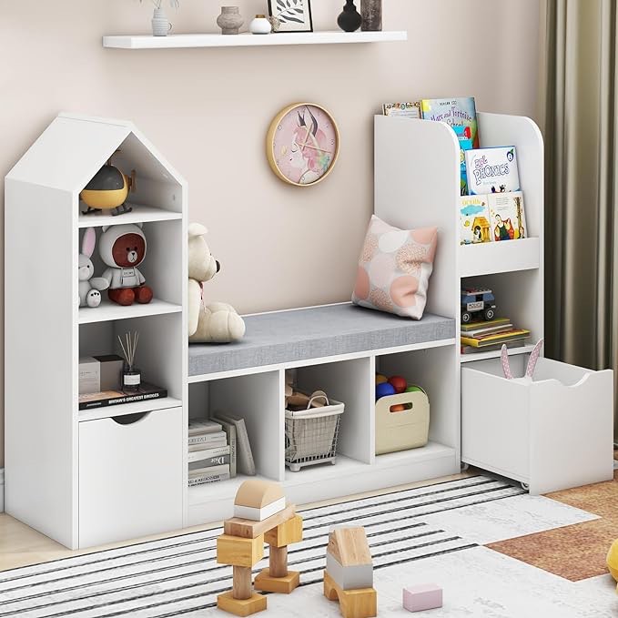 Vabches Kids Bookcase and Bookshelf with Reading Nook, Multifunctional Bookcase with 7 Storage Cubbies 2 Movable Drawers, Bookcase with Seat Cushion for Toy Storage Organizer Children's Room, Bedroom