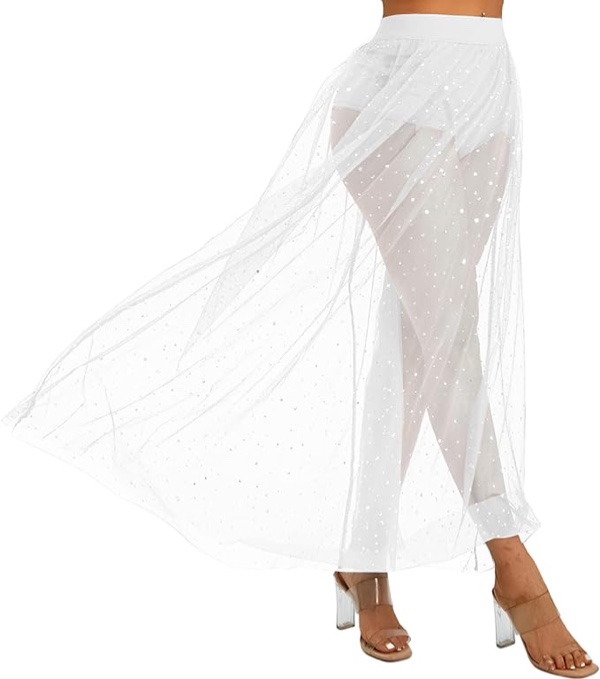 (Size L ). Rave Outfits for Women 2 in 1 Sheer Skirt Festival Clubwear Mesh High Waist Print A Line Maxi Skirt