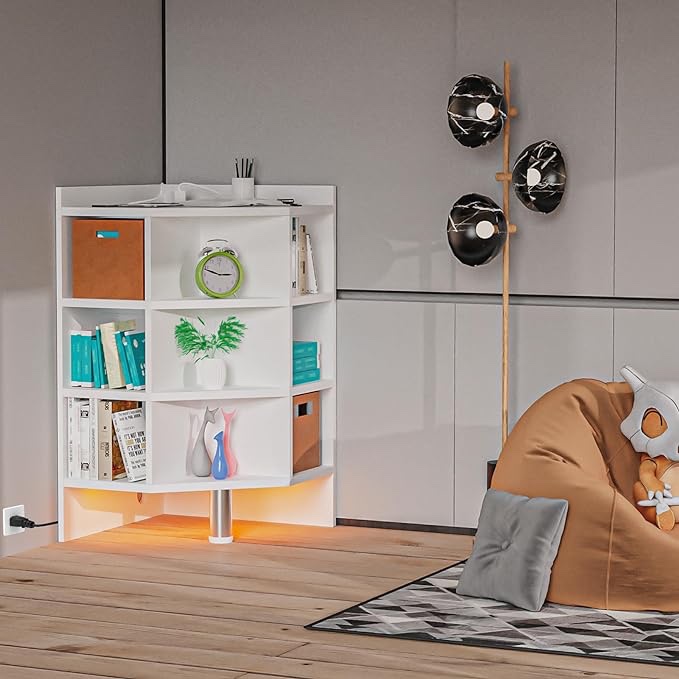 Corner cabinet, corner cabinet, corner cube storage organizer, wooden corner shelf with USB ports, 9-unit shelf for games room, bedroom, living room (white)