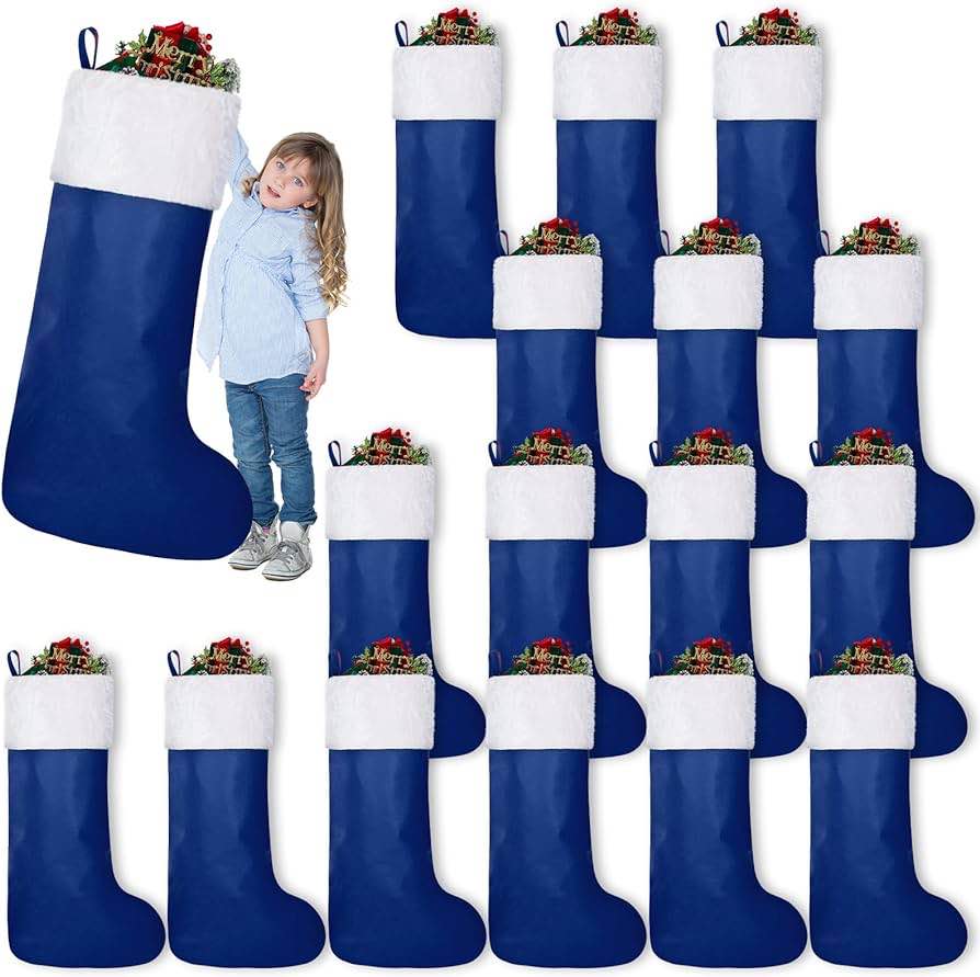 Glimin 16 Pcs 54" Extra Large Christmas Stocking Bulk Jumbo Christmas Stocking Felt Giant Xmas Stockings Blue Big Fireplace Bags for Family Christmas Decoration Party Holiday Decor