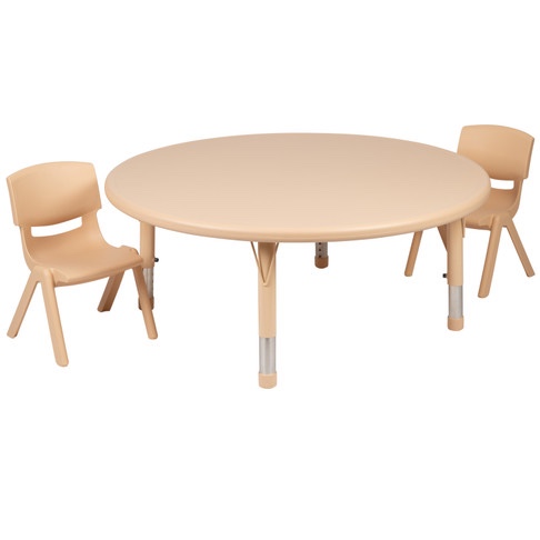 FLASH FURNITURE EMMY 45" ROUND NATURAL PLASTIC HEIGHT ADJUSTABLE ACTIVITY TABLE SET W/ 2 CHAIRS, MODEL# YU-YCX-0053-2-ROUND-TBL-NAT-R-GG