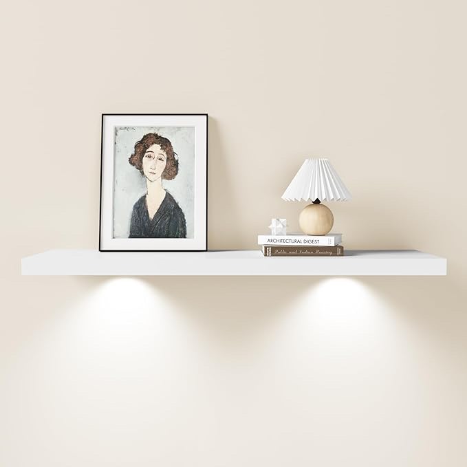 Beuford White Floating Shelf With Touch-Sensing Battery Powered LED Light,Wall Mounted Display Shelves For Entrance, Living Room, Bedroom, Kitchen And Bathroom (36-INCH, White)